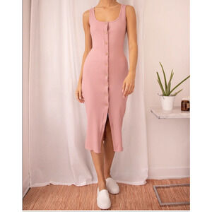 Lulu's Look of Leisure Dusty Pink Ribbed Button Front Midi Dress